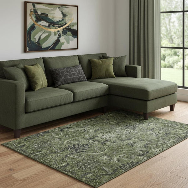 HomeRoots 8' X 10' Stylish Olive Green Charcoal Damask Washable Area Rug with UV Protection for Homes 683888