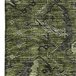 HomeRoots 8' X 10' Stylish Olive Green Charcoal Damask Washable Area Rug with UV Protection for Homes 683888