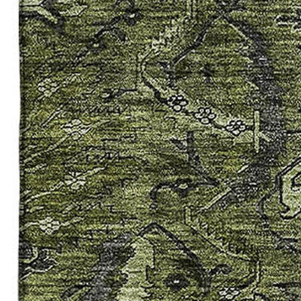 HomeRoots 8' X 10' Stylish Olive Green Charcoal Damask Washable Area Rug with UV Protection for Homes 683888
