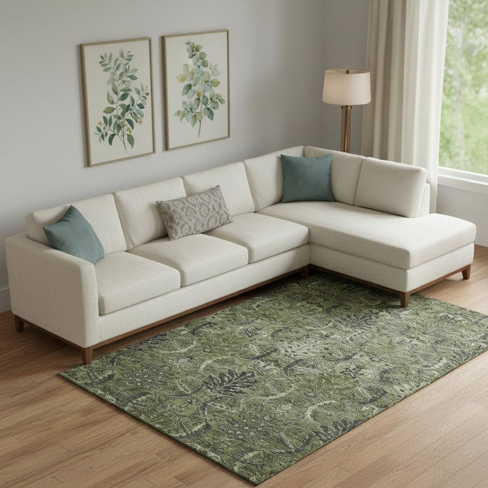 HomeRoots 9' Olive Green & Charcoal Damask Washable Area Rug - Durable, UV Protected & Kid-Friendly Design! 683889