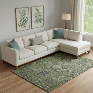 HomeRoots 9' Olive Green & Charcoal Damask Washable Area Rug - Durable, UV Protected & Kid-Friendly Design! 683889
