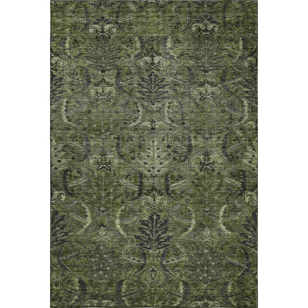 HomeRoots 9' Olive Green & Charcoal Damask Washable Area Rug - Durable, UV Protected & Kid-Friendly Design! 683889