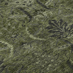 HomeRoots 9' Olive Green & Charcoal Damask Washable Area Rug - Durable, UV Protected & Kid-Friendly Design! 683889