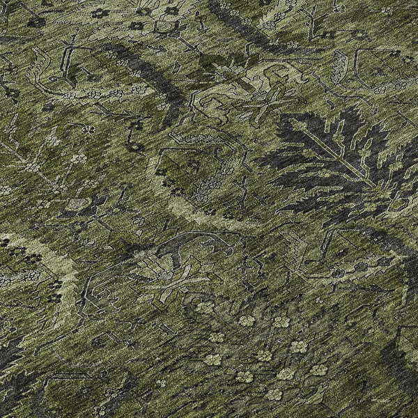 HomeRoots 9' Olive Green & Charcoal Damask Washable Area Rug - Durable, UV Protected & Kid-Friendly Design! 683889