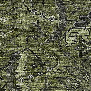 HomeRoots 10' Olive Green & Charcoal Damask Washable Area Rug - Durable, Stylish Rug with UV Protection for Homes 683890