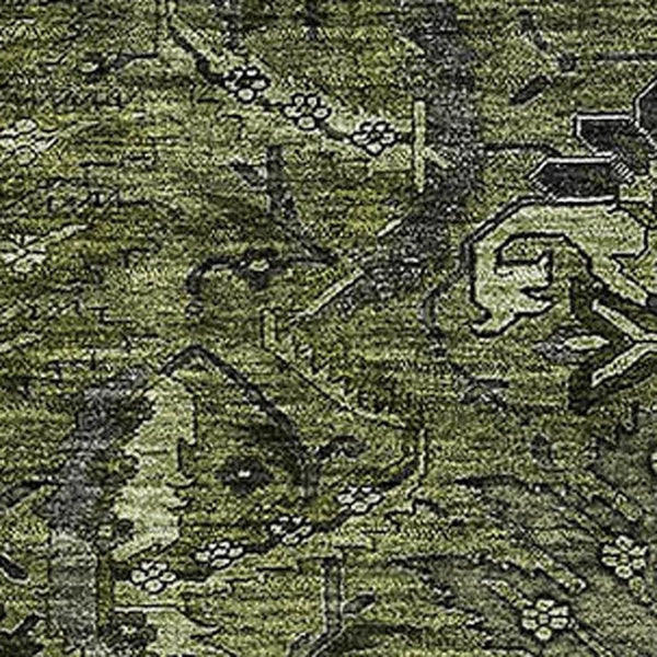 HomeRoots 10' Olive Green & Charcoal Damask Washable Area Rug - Durable, Stylish Rug with UV Protection for Homes 683890