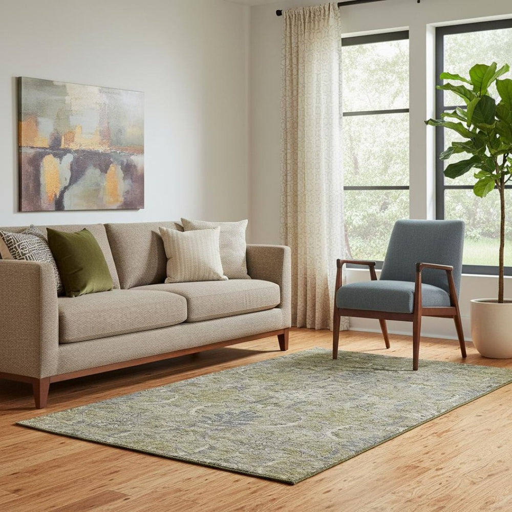 HomeRoots 5' X 8' Elegant Taupe Gold Beige Damask Area Rug – Washable, Stain Resistant & UV Protected! 683892