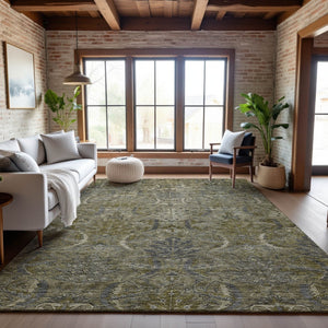 HomeRoots 5' X 8' Elegant Taupe Gold Beige Damask Area Rug – Washable, Stain Resistant & UV Protected! 683892