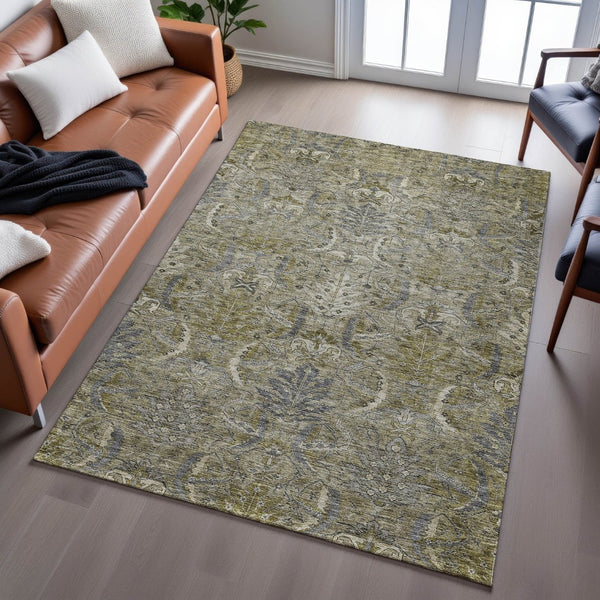 HomeRoots 5' X 8' Elegant Taupe Gold Beige Damask Area Rug – Washable, Stain Resistant & UV Protected! 683892