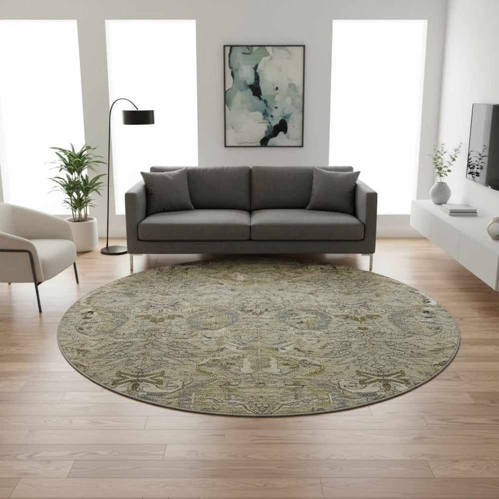 HomeRoots 8' Elegant Taupe Gold & Beige Damask Washable Round Rug – UV-Protected, Easy-Care & Durable Design 683893