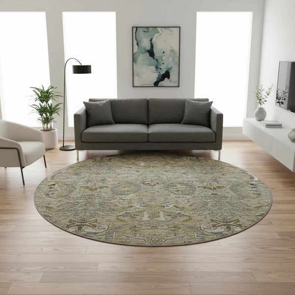 HomeRoots 8' Elegant Taupe Gold & Beige Damask Washable Round Rug – UV-Protected, Easy-Care & Durable Design 683893