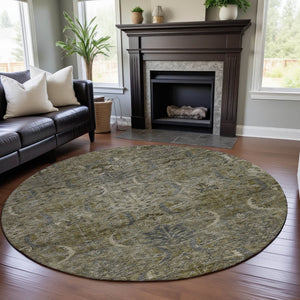 HomeRoots 8' Elegant Taupe Gold & Beige Damask Washable Round Rug – UV-Protected, Easy-Care & Durable Design 683893