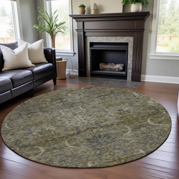 HomeRoots 8' Elegant Taupe Gold & Beige Damask Washable Round Rug – UV-Protected, Easy-Care & Durable Design 683893
