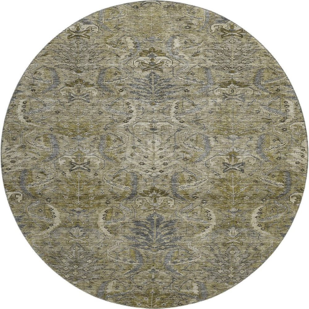 HomeRoots 8' Elegant Taupe Gold & Beige Damask Washable Round Rug – UV-Protected, Easy-Care & Durable Design 683893