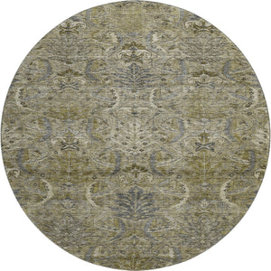 HomeRoots 8' Elegant Taupe Gold & Beige Damask Washable Round Rug – UV-Protected, Easy-Care & Durable Design 683893