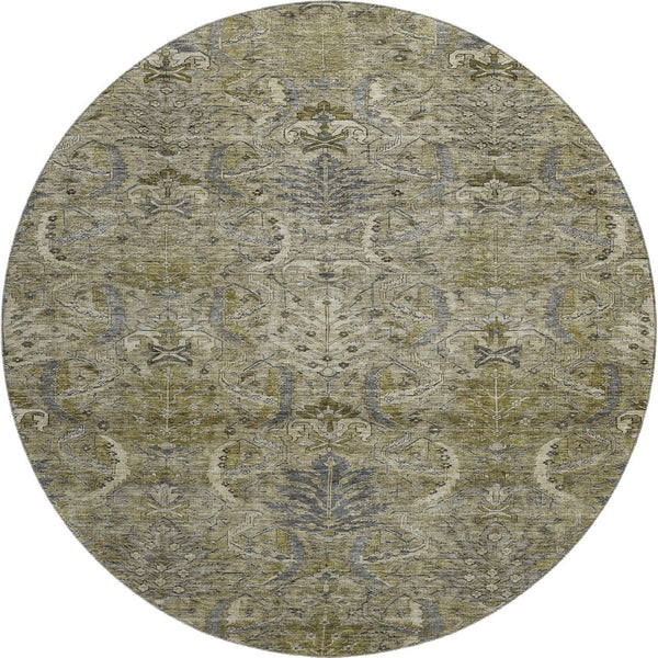 HomeRoots 8' Elegant Taupe Gold & Beige Damask Washable Round Rug – UV-Protected, Easy-Care & Durable Design 683893