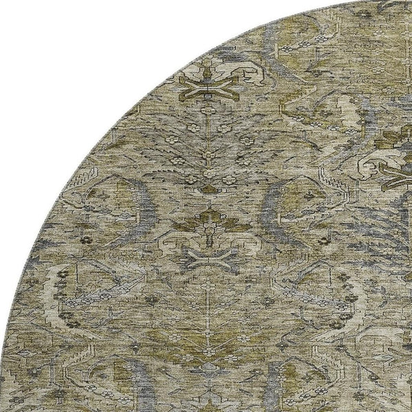 HomeRoots 8' Elegant Taupe Gold & Beige Damask Washable Round Rug – UV-Protected, Easy-Care & Durable Design 683893