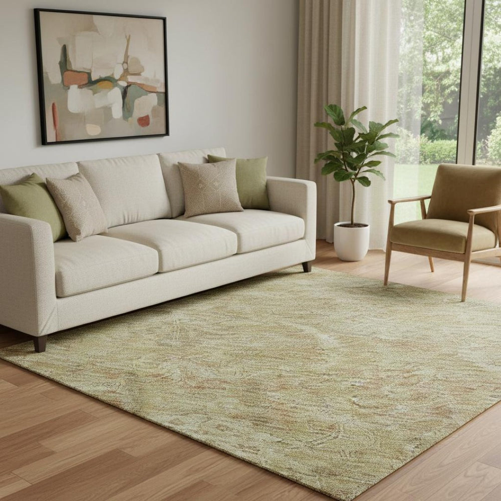 HomeRoots 5' Wheat and Beige Damask Area Rug - Washable, Stain-Resistant, UV Protected for Elegant Living Spaces 683898