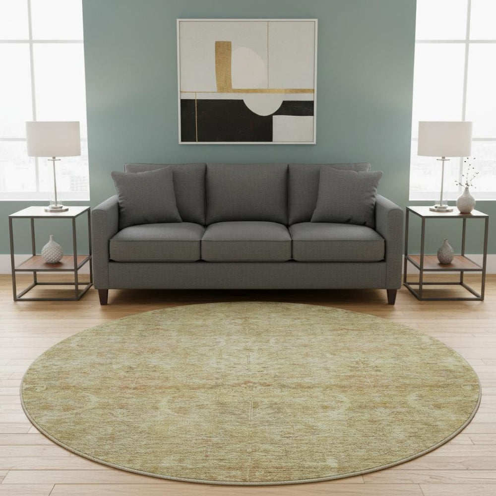 HomeRoots 8' Wheat and Beige Damask Round Rug – Washable, Stain Resistant, UV Protected for Stylish Homes 683899