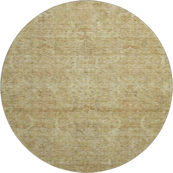 HomeRoots 8' Wheat and Beige Damask Round Rug – Washable, Stain Resistant, UV Protected for Stylish Homes 683899