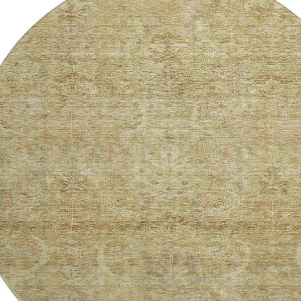 HomeRoots 8' Wheat and Beige Damask Round Rug – Washable, Stain Resistant, UV Protected for Stylish Homes 683899