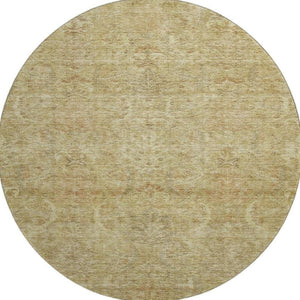 HomeRoots 8' Wheat and Beige Damask Round Rug – Washable, Stain Resistant, UV Protected for Stylish Homes 683899