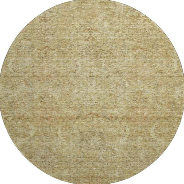 HomeRoots 8' Wheat and Beige Damask Round Rug – Washable, Stain Resistant, UV Protected for Stylish Homes 683899