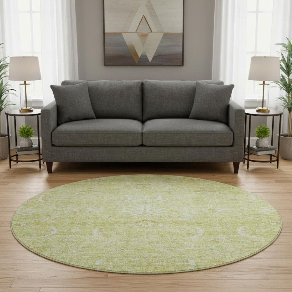 HomeRoots 8' Artichoke Green & Ivory Damask Round Rug - Washable, UV-Protected, Durable for Busy Homes 683905