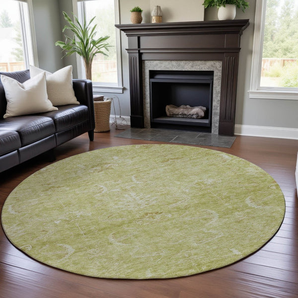 HomeRoots 8' Artichoke Green & Ivory Damask Round Rug - Washable, UV-Protected, Durable for Busy Homes 683905