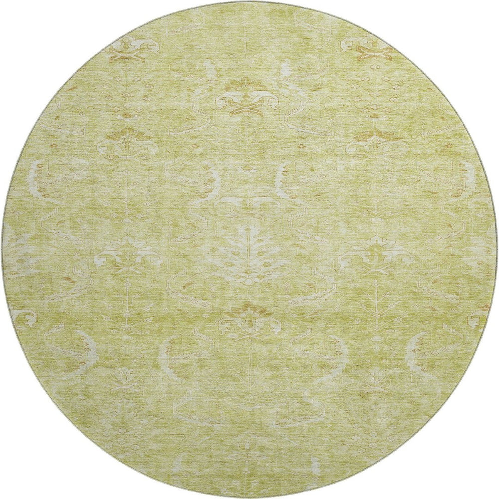 HomeRoots 8' Artichoke Green & Ivory Damask Round Rug - Washable, UV-Protected, Durable for Busy Homes 683905