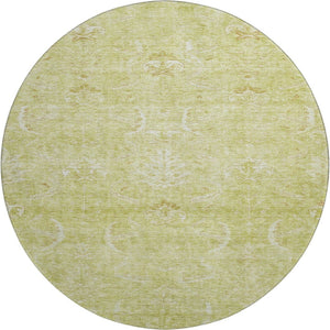 HomeRoots 8' Artichoke Green & Ivory Damask Round Rug - Washable, UV-Protected, Durable for Busy Homes 683905
