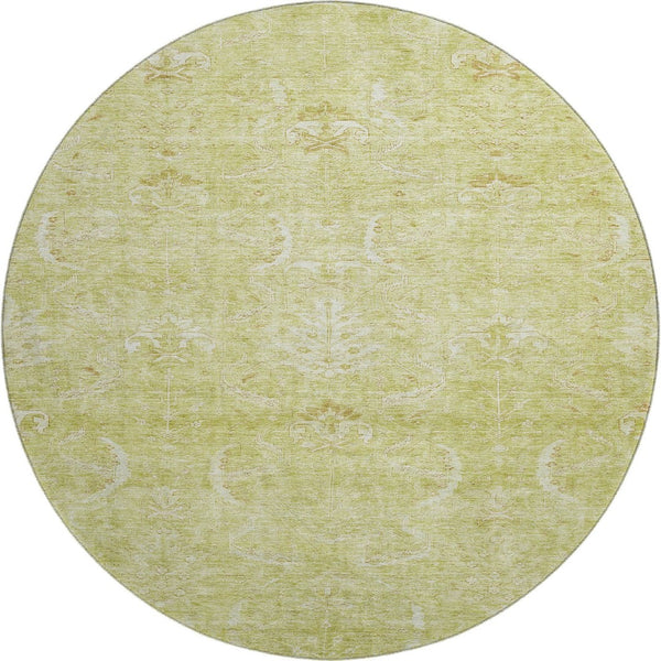 HomeRoots 8' Artichoke Green & Ivory Damask Round Rug - Washable, UV-Protected, Durable for Busy Homes 683905