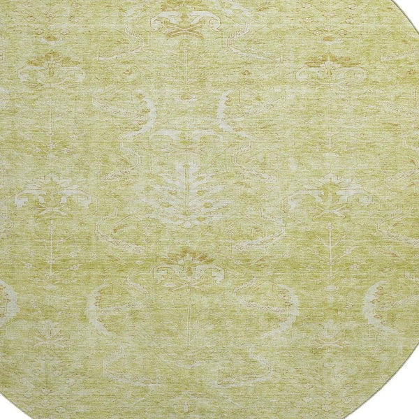 HomeRoots 8' Artichoke Green & Ivory Damask Round Rug - Washable, UV-Protected, Durable for Busy Homes 683905