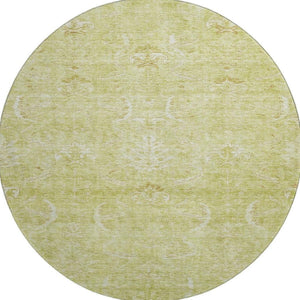 HomeRoots 8' Artichoke Green & Ivory Damask Round Rug - Washable, UV-Protected, Durable for Busy Homes 683905