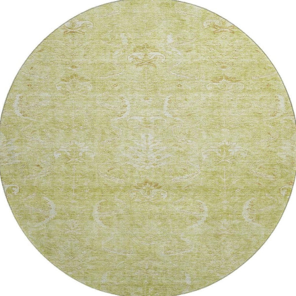 HomeRoots 8' Artichoke Green & Ivory Damask Round Rug - Washable, UV-Protected, Durable for Busy Homes 683905