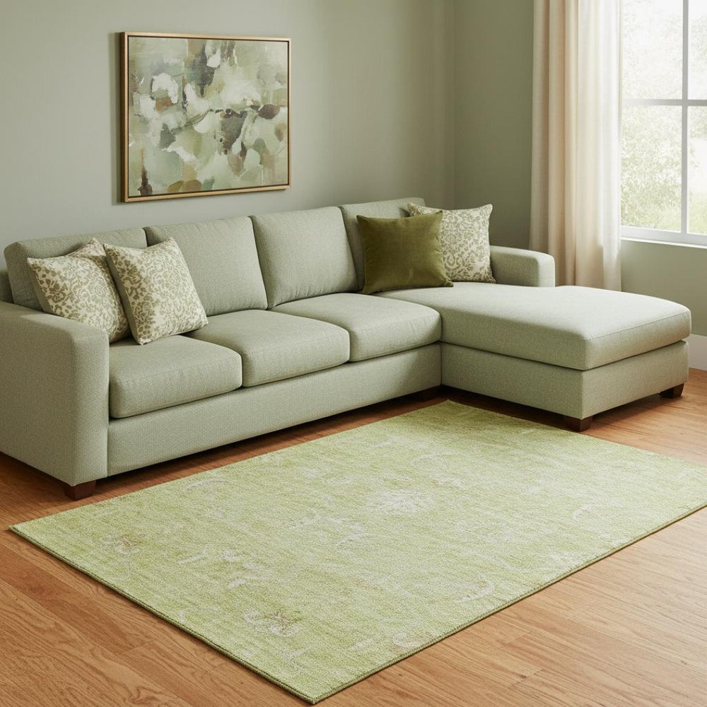 HomeRoots 8' X 10' Artichoke Green Damask Area Rug – Stylish, Washable, UV-Protected for High Traffic Homes! 683906
