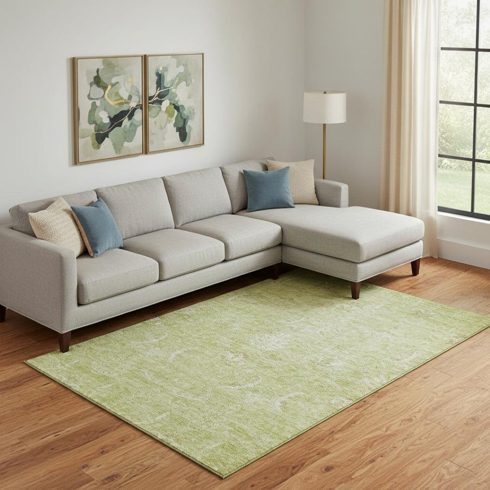 HomeRoots 9' X 12' Artichoke Green & Ivory Damask Area Rug - Washable, Stain-Resistant, UV Protected Comfort 683907