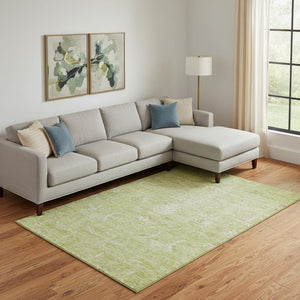 HomeRoots 9' X 12' Artichoke Green & Ivory Damask Area Rug - Washable, Stain-Resistant, UV Protected Comfort 683907
