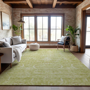 HomeRoots 9' X 12' Artichoke Green & Ivory Damask Area Rug - Washable, Stain-Resistant, UV Protected Comfort 683907