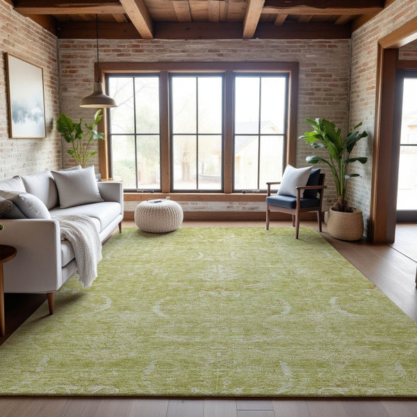HomeRoots 9' X 12' Artichoke Green & Ivory Damask Area Rug - Washable, Stain-Resistant, UV Protected Comfort 683907