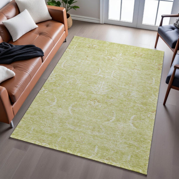 HomeRoots 9' X 12' Artichoke Green & Ivory Damask Area Rug - Washable, Stain-Resistant, UV Protected Comfort 683907