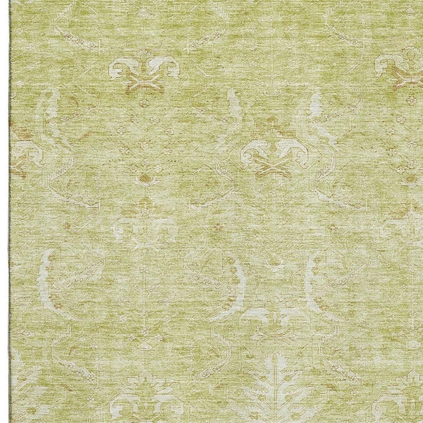 HomeRoots 9' X 12' Artichoke Green & Ivory Damask Area Rug - Washable, Stain-Resistant, UV Protected Comfort 683907