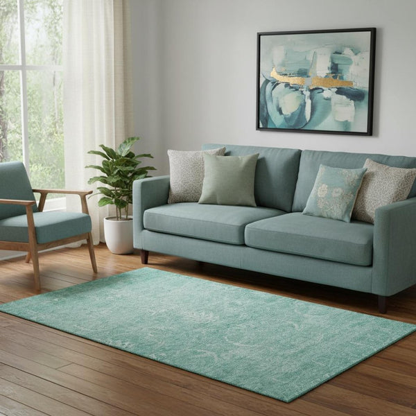 HomeRoots 5' X 8' Aqua and Ivory Damask Washable Area Rug - UV Protected, Stain Resistant for Busy Homes 683910