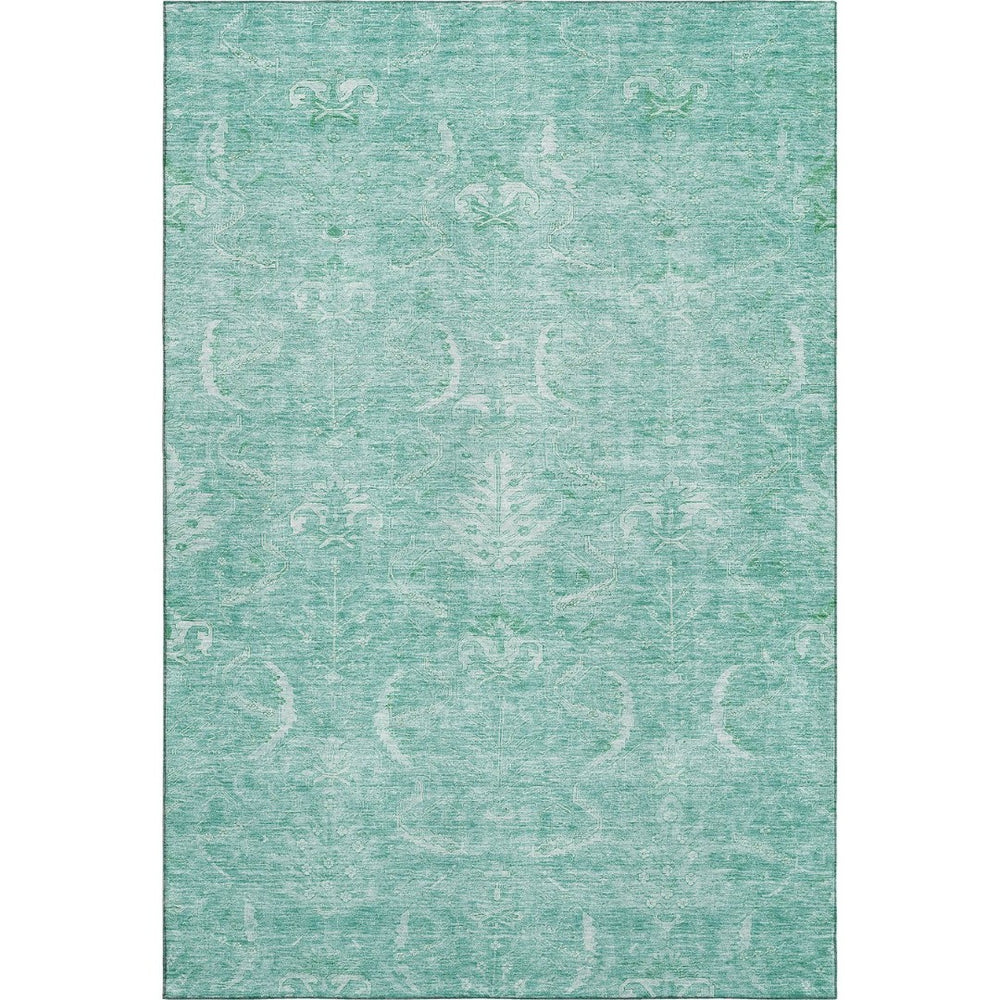 HomeRoots 5' X 8' Aqua and Ivory Damask Washable Area Rug - UV Protected, Stain Resistant for Busy Homes 683910