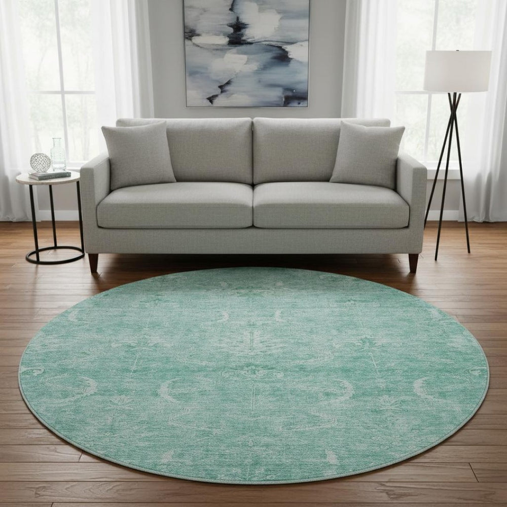 HomeRoots 8' Aqua and Ivory Damask Round Rug - Washable, Stain Resistant, Kid & Pet Friendly with UV Protection 683911