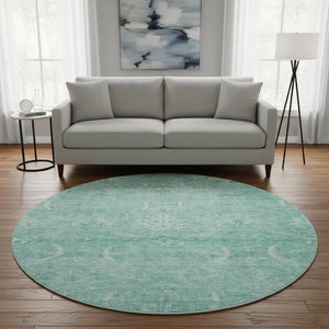 HomeRoots 8' Aqua and Ivory Damask Round Rug - Washable, Stain Resistant, Kid & Pet Friendly with UV Protection 683911