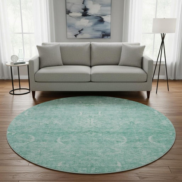 HomeRoots 8' Aqua and Ivory Damask Round Rug - Washable, Stain Resistant, Kid & Pet Friendly with UV Protection 683911