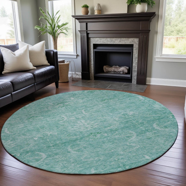 HomeRoots 8' Aqua and Ivory Damask Round Rug - Washable, Stain Resistant, Kid & Pet Friendly with UV Protection 683911