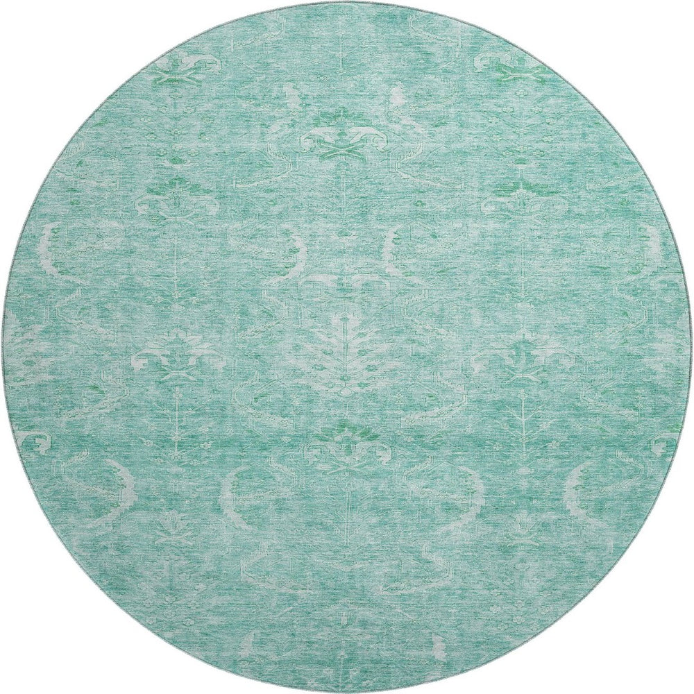 HomeRoots 8' Aqua and Ivory Damask Round Rug - Washable, Stain Resistant, Kid & Pet Friendly with UV Protection 683911