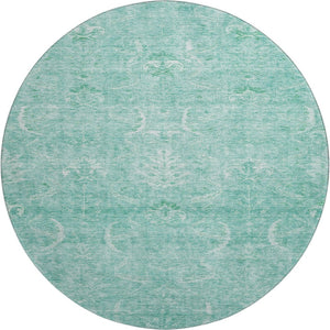 HomeRoots 8' Aqua and Ivory Damask Round Rug - Washable, Stain Resistant, Kid & Pet Friendly with UV Protection 683911